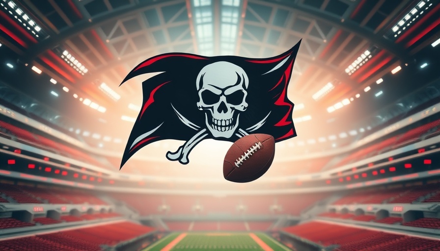 Pirate flag logo in a futuristic arena with dynamic lighting.