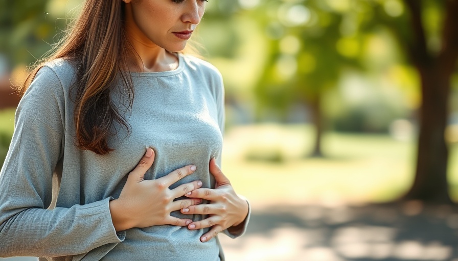 Woman focused on digestive health outdoors, vibrant nature background.