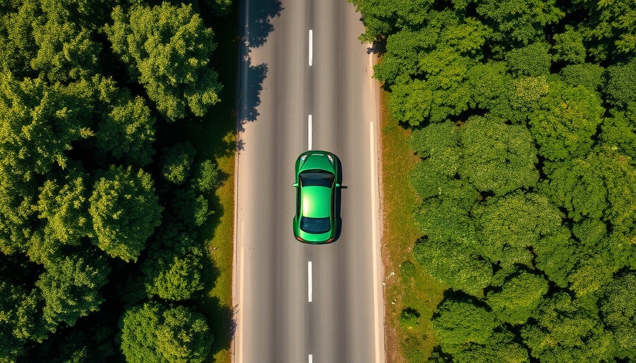 Aerial view of green car on road beside trees for local news crime reports.