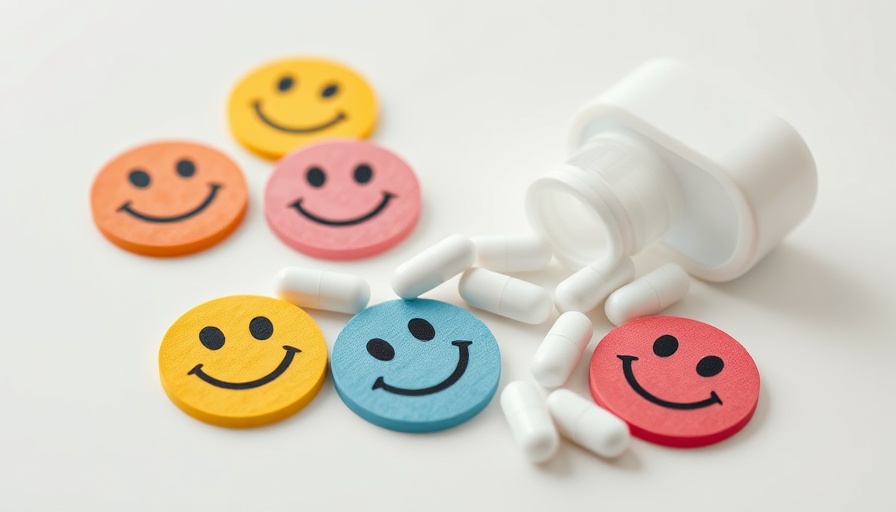 Smiley faces and pills illustrating antidepressants and anxiety medications.