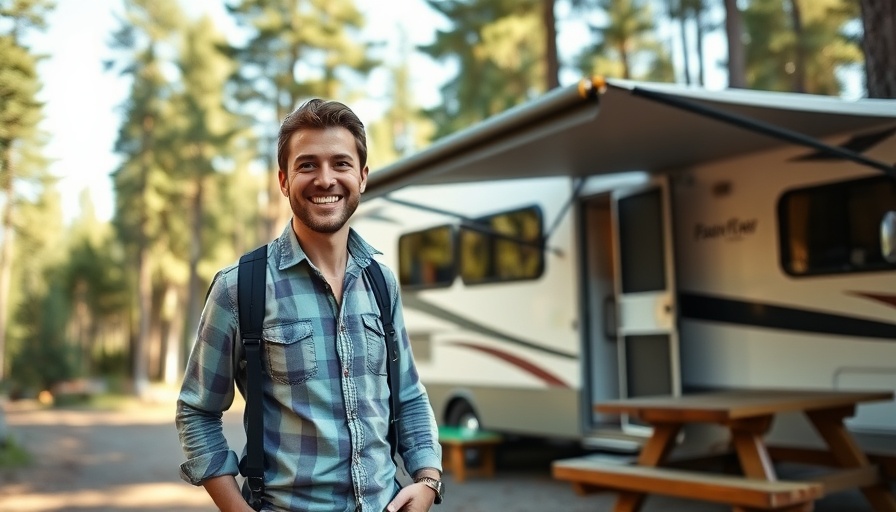 RV travel enthusiast smiling at campsite with a motorhome in the woods.
