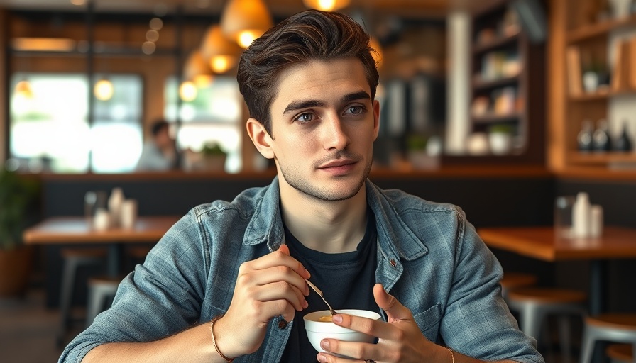 Young man eating yogurt in California cafe, aligns with food allergen disclosure law.