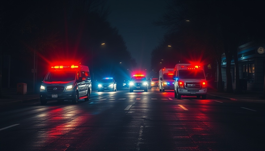 Emergency vehicles with flashing lights at nighttime scene in Miami.