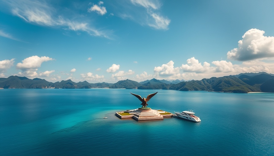 Scenic views of Langkawi with ocean and eagle statue.