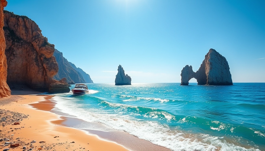 Cabo San Lucas travel destination with stunning coastal cliffs and boat.