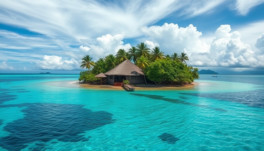 Beautiful landscapes featuring a tropical island with thatched hut.