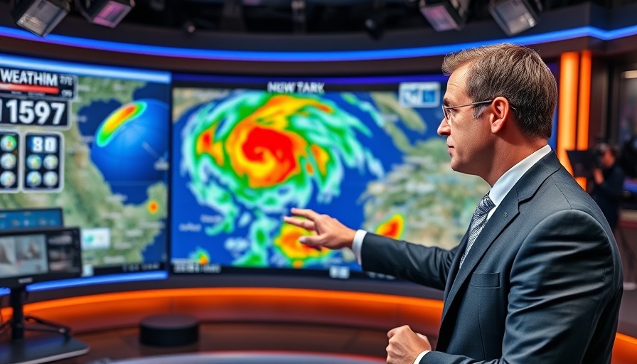 Weather reporter analyzing Tropical Storm Fernand on live radar.
