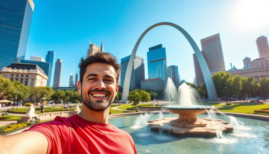 RV Travel on Route 66: Man in St. Louis with Gateway Arch.