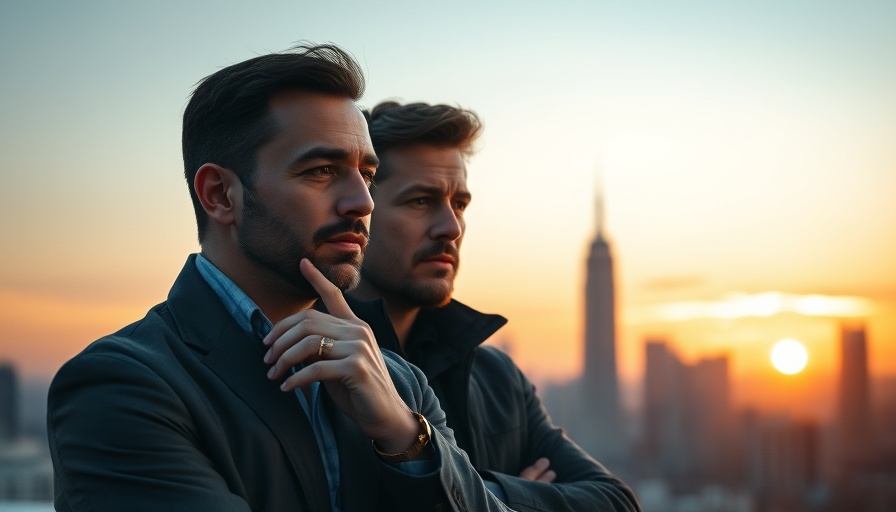 Two contemplative men discussing five types of wealth, city background.