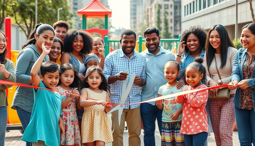 Joyful diverse group cutting ribbon at playground opening.