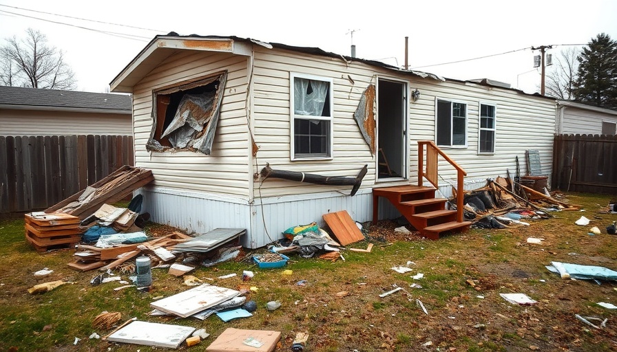 Florida mobile home park storm damage with debris scattered in yard.