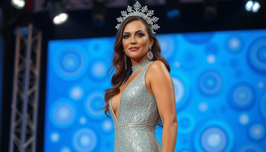 Elegant woman in silver outfit at blue backdrop event.
