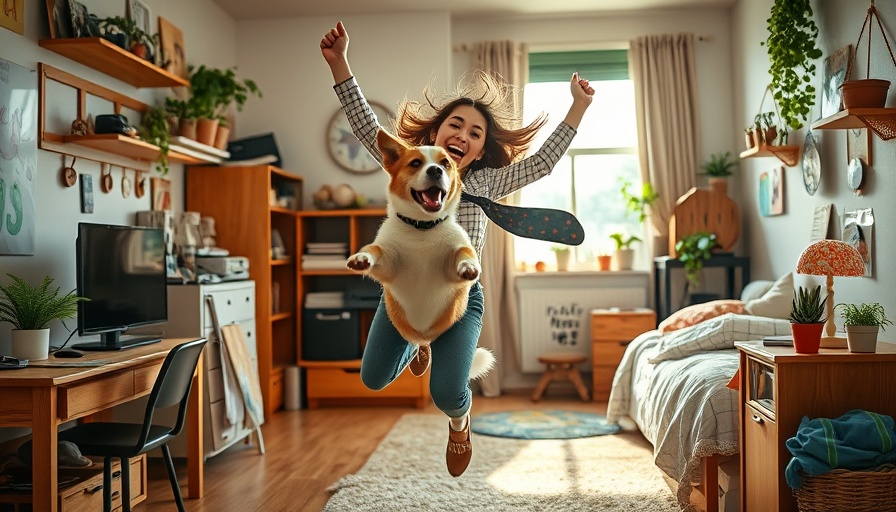 Energetic woman plays with a dog in a cozy college dorm, highlighting pets in college dorms.