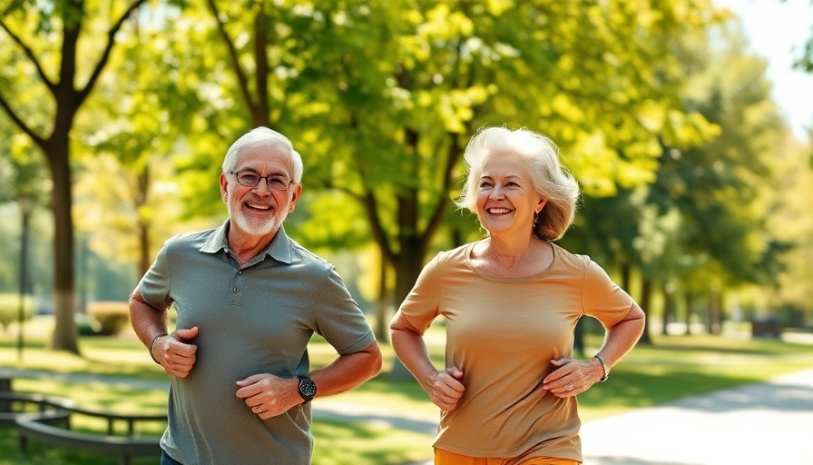 Health and Wellness Tips: Older couple jogging in a sunny park.