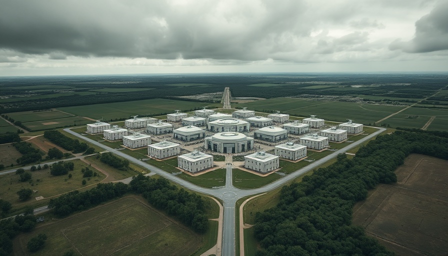 Aerial view of prison complex in green landscape under cloudy sky.