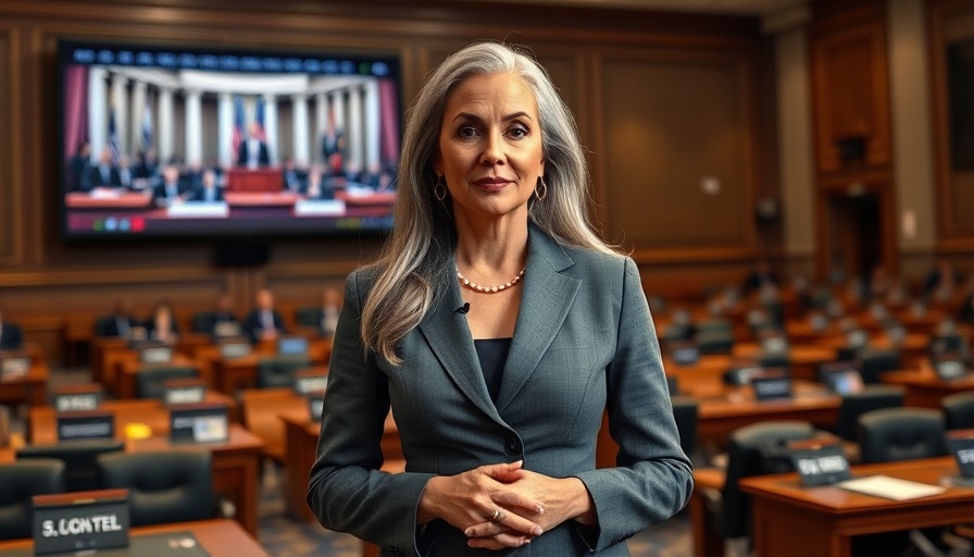 Confident woman in a grey suit at political hearing, Public Health Political Meddling.