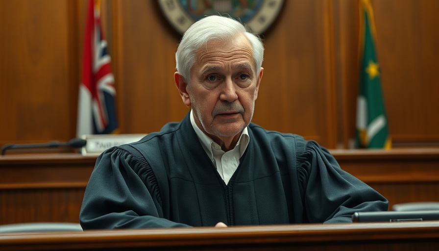 Judge at bench in courtroom, thoughtful expression.