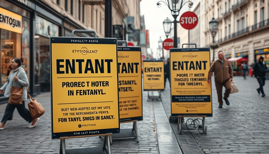 Fentanyl Awareness signs on cobblestones amid fentanyl crisis discussion.