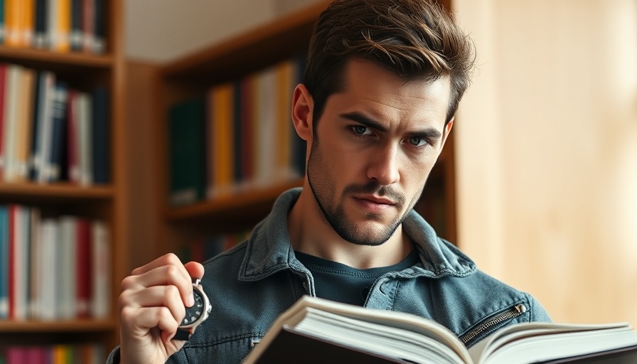 Focused man speed reading with a stopwatch in the library.