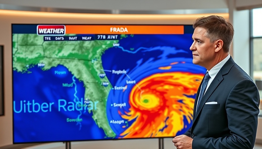 Weather presenter analyzing storm data on Central Florida map.