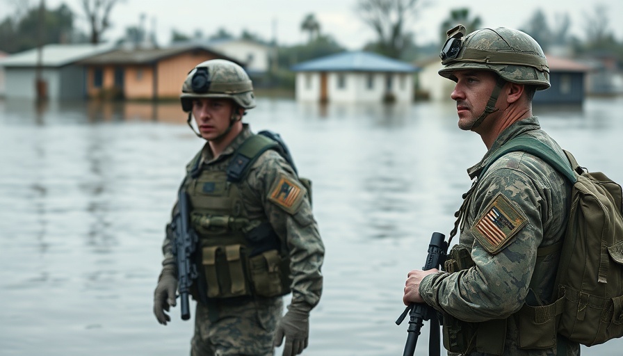 Military personnel assessing flooded area, disaster response strategies focus.
