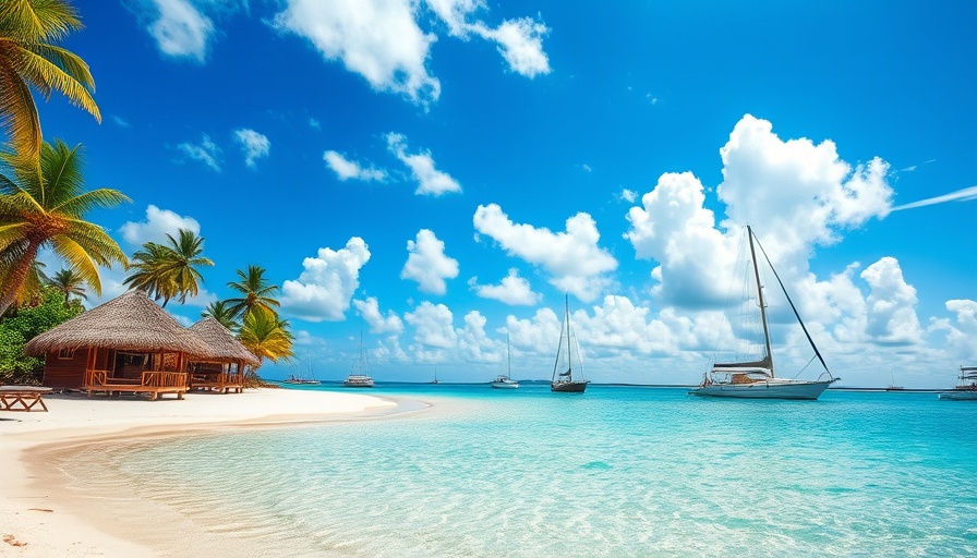 Travel Destinations beach in Jamaica with huts and sailboats, vibrant.