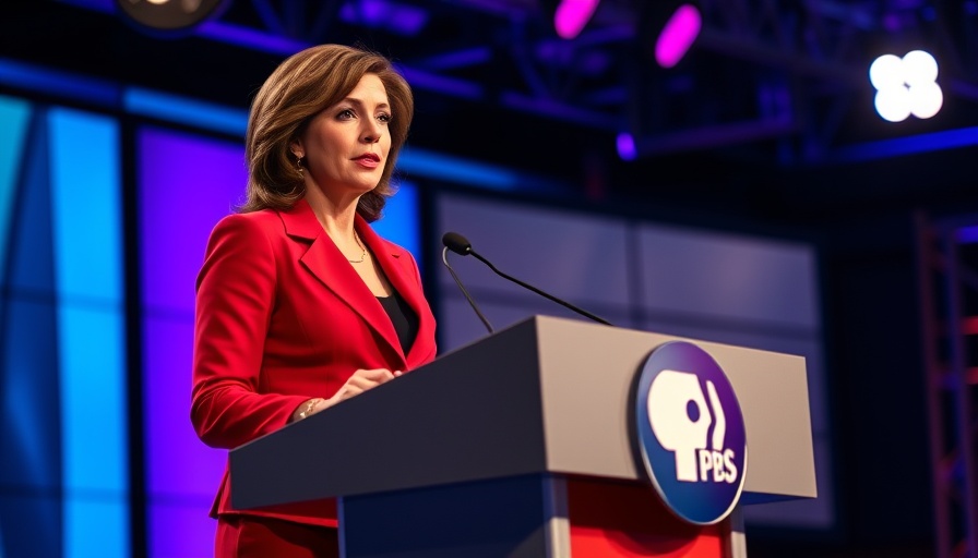 PBS representative discussing funding cuts at a podium.