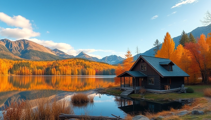 4K Aerial Footage of Ontario autumn scene with lake, cabin, and colorful trees.
