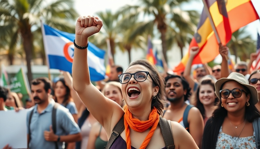 Protesters rally energetically holding flags in a dynamic outdoor setting.
