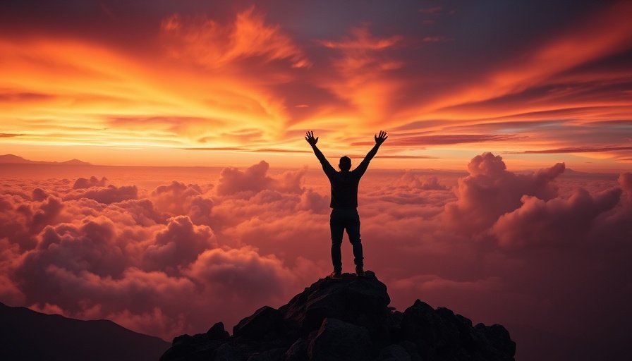 Triumphant silhouette on mountain peak at sunrise, symbolizing personal development and success.