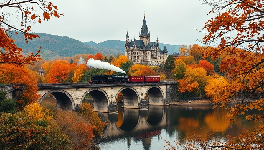 Scenic autumn view in Scotland with train and castle.