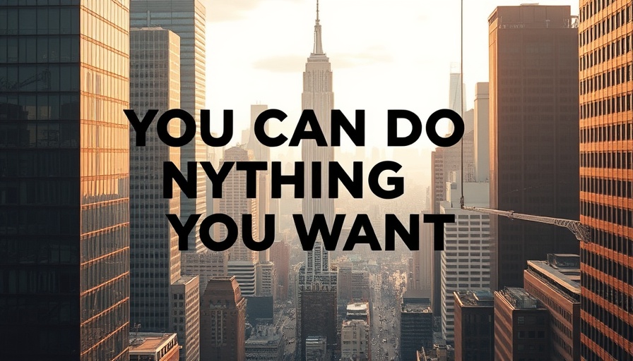Bold 'You Can Do Anything You Want' text over cityscape, motivational.