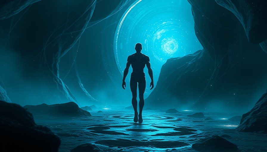 Futuristic figure amid shifting identity, abstract sci-fi scene.