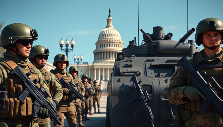 Military vehicle and soldiers near Capitol in Trump's policing push.