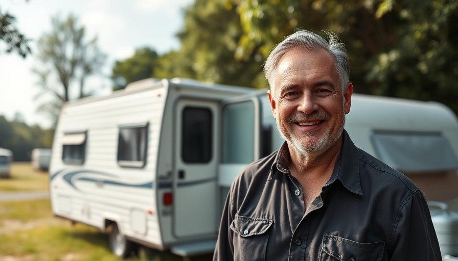 RV Travel enthusiast standing by a travel trailer at a scenic campground.