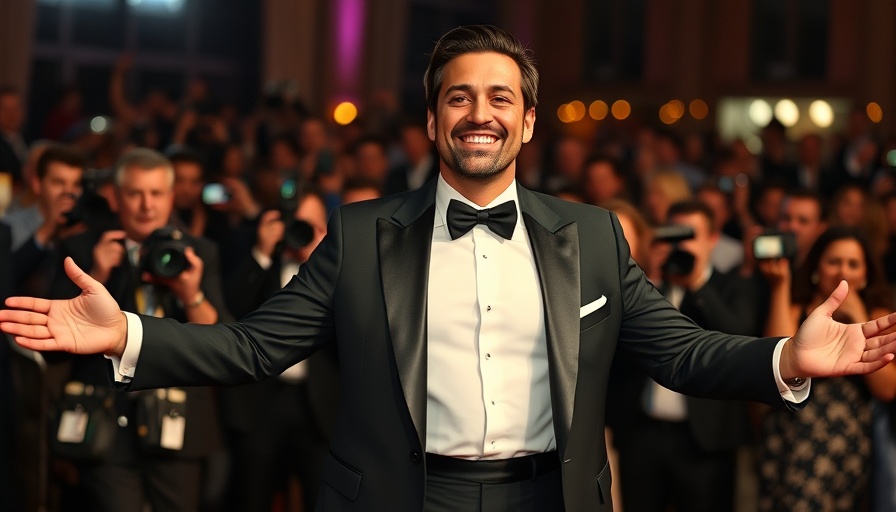 Man in tuxedo smiling at Venice Film Festival Awards 2025.
