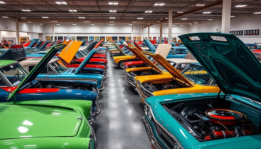 Hoods Up Week Tampa Bay classic car exhibition, colorful vintage cars with open hoods.
