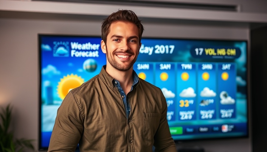 Weather forecast presentation by TV presenter with rain predictions.