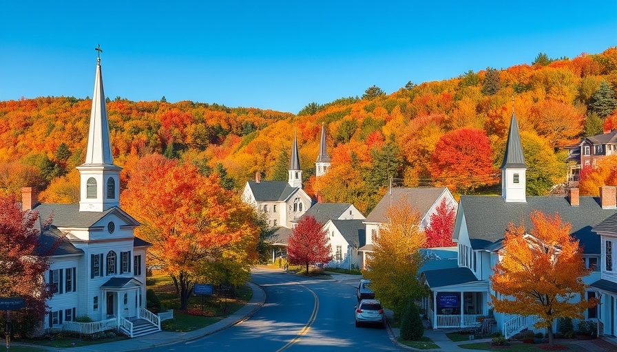 Vibrant fall foliage in Vermont town, travel destinations.