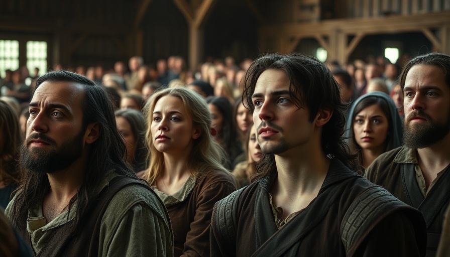 Medieval group in deep concentration at a public event, emotional storytelling.