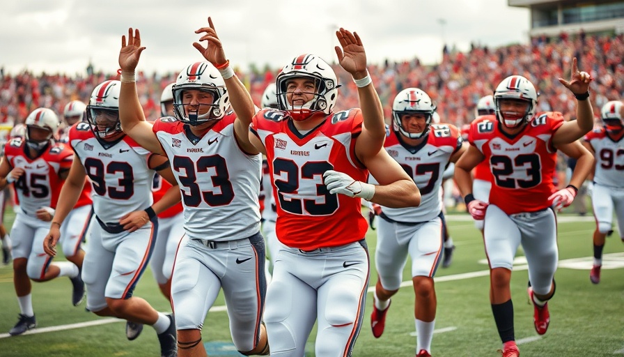 College football players celebrating on the field during a game.