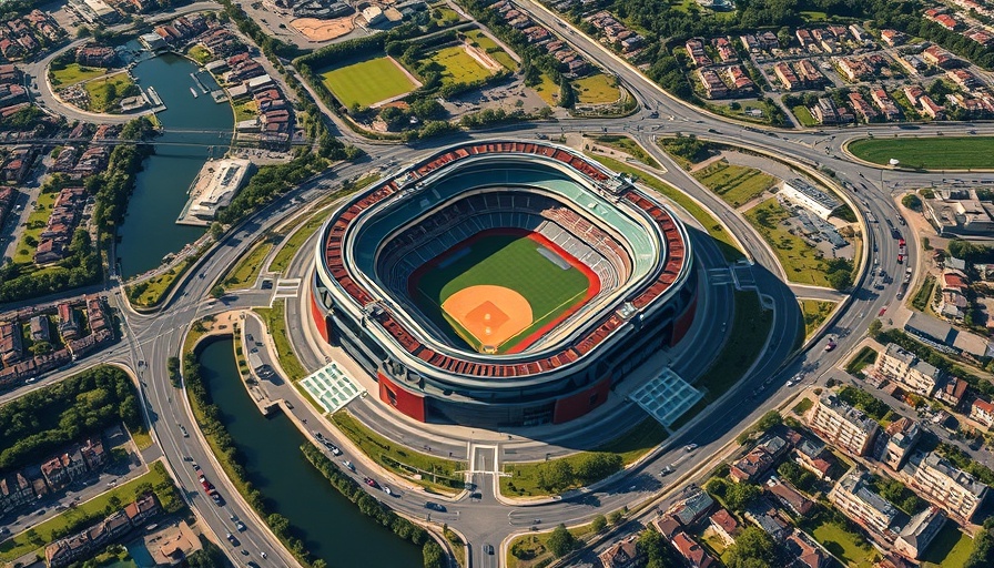 Aerial view of proposed baseball stadium for Orlando MLB bid surrounded by roads.