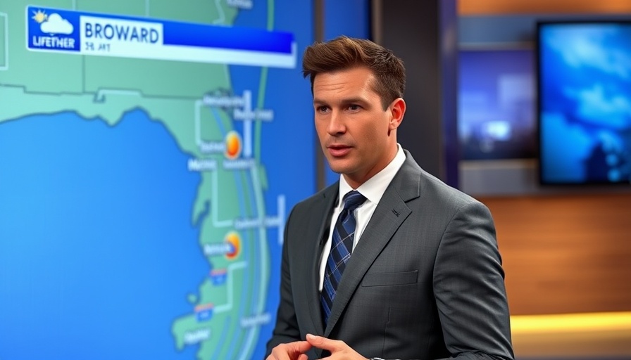 Weather presenter explaining flash flood threat map for Broward and Miami-Dade, related to Weather Updates in Broward and Miami-Dade.