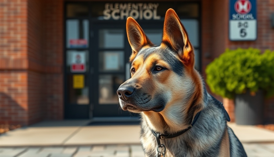 Gun-sniffing dog guarding elementary school entrance.