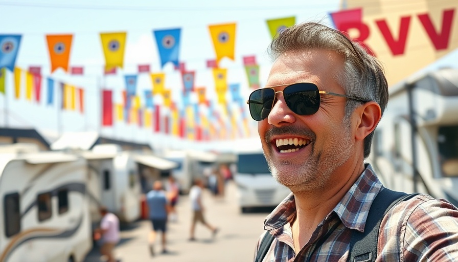 Upbeat man enjoying RV expo with colorful banners, RV Travel.