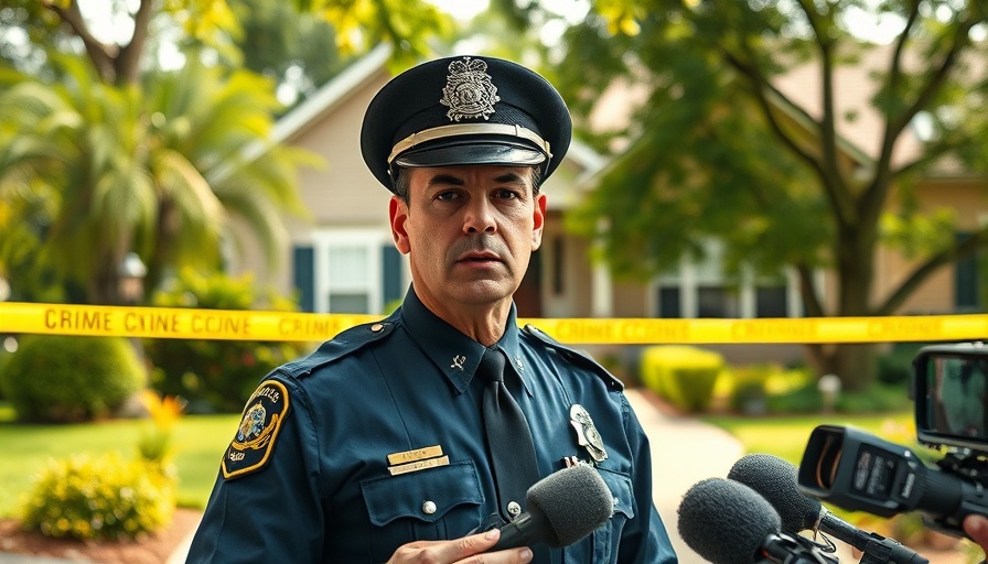 Police officer addresses media at crime scene with tape in background.