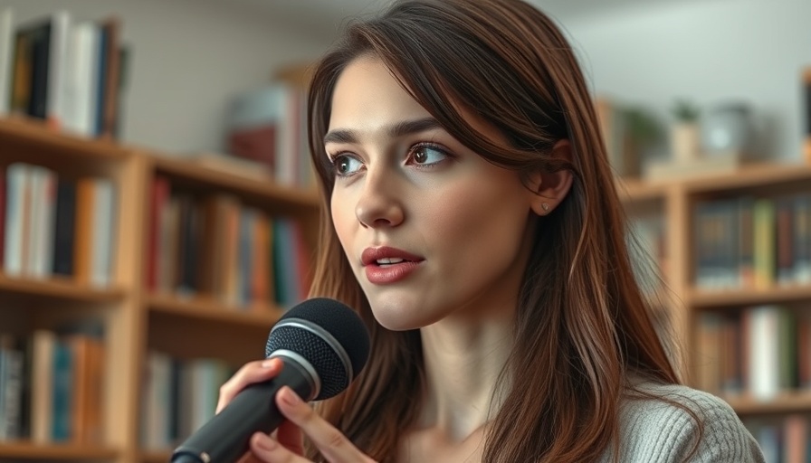 Young woman discussing 'My Voice Changed After I Healed' into a microphone indoors.