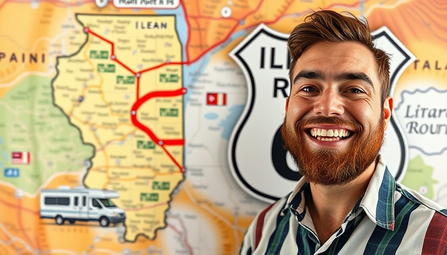 RV Travel on Route 66: Man smiling next to Route 66 map in Illinois.