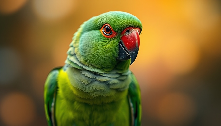 Green parrot staring intently with blurred background, symbolizing nonprofits.