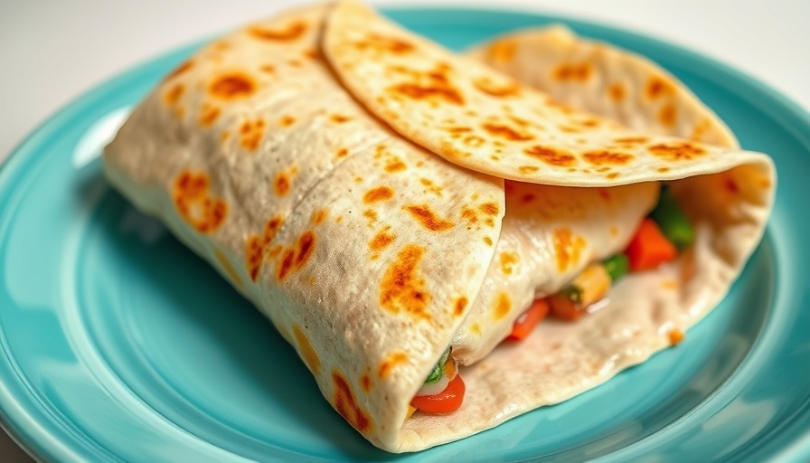 Make-Ahead Breakfast Burrito on turquoise plate with fresh ingredients.